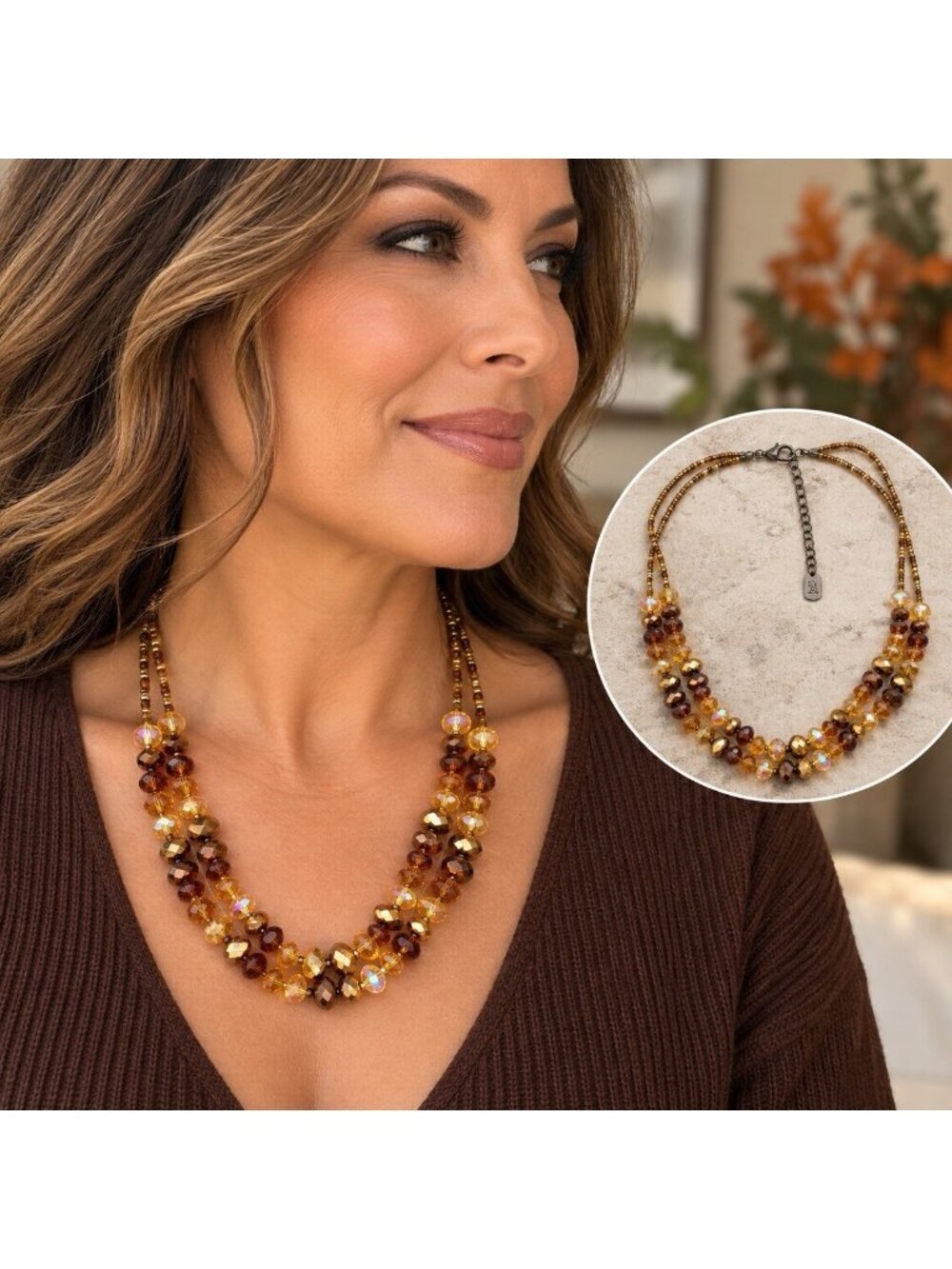 Amber Bronze Crystal Beaded Necklace Double Strand Faceted Statement Jewelry 21”